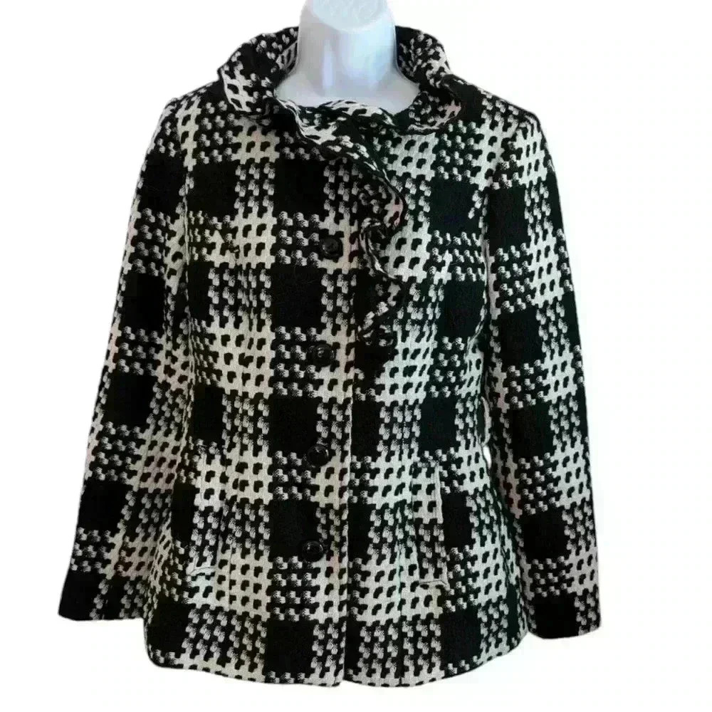 White House Black Market Black/White Ruffled Tweed Peacoat Missing Belt Size S